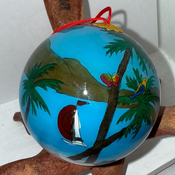 Reverse Hand Painted Glass  Ornament Beach Theme Palm Trees,Boats,Shells - Picture 3 of 9